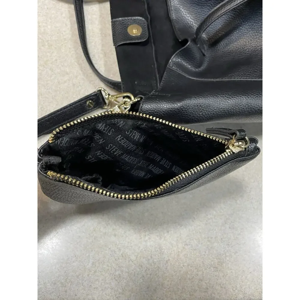 Steve Madden Black Leather Pebbled Tote + Matching Makeup Wristlet-Shoulder Bag